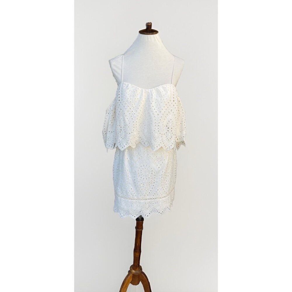 Saylor Women’s Ivory Off Shoulder Eyelet Dress Scalloped Overlay Lined Cocktail - Picture 13 of 13